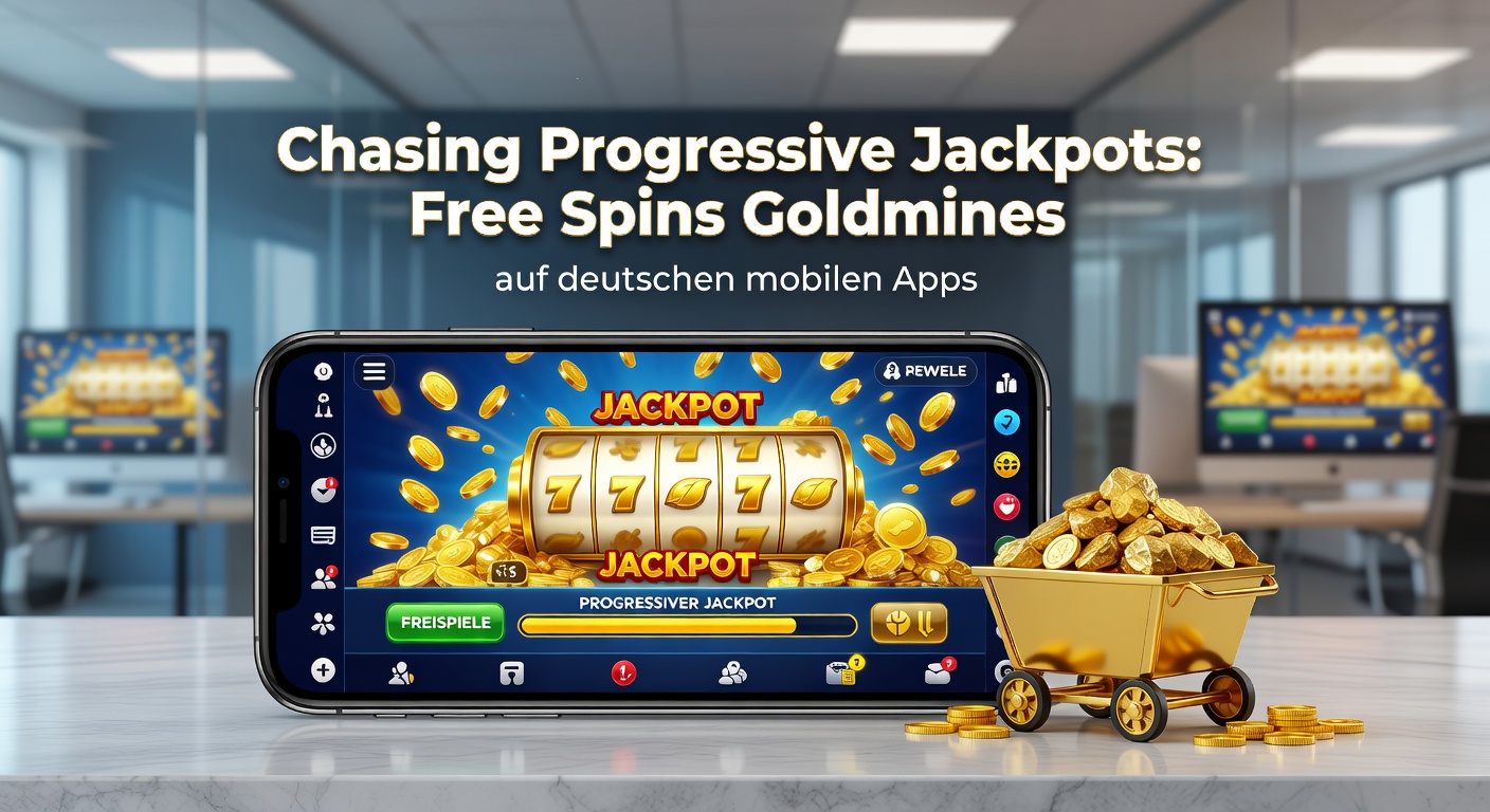 Smartphone mit leuchtendem Progressiv-Jackpot-Slot auf einem deutschen Mobile-Casino-App-Hintergrund, umgeben von Free-Spins-Symbolen